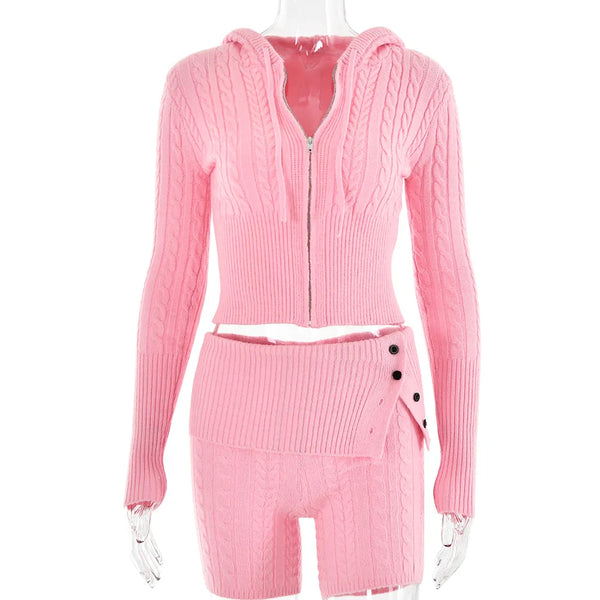 Chase Cable Knit Sweater Crop Hoody & Matching Shorts Lounge Set