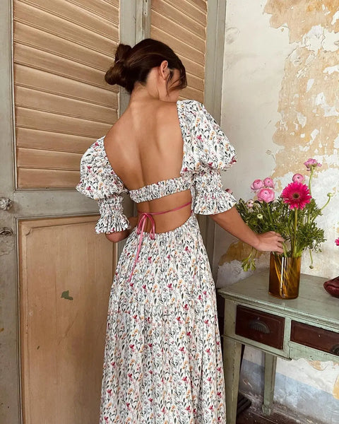The Hannah Open-Back Puff Sleeve Floral Midi Dress for Women
