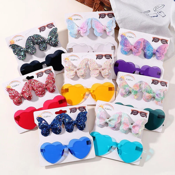 Evelyn Heart Shaped Sunglasses & Butterfly Clip Set for Little Girls