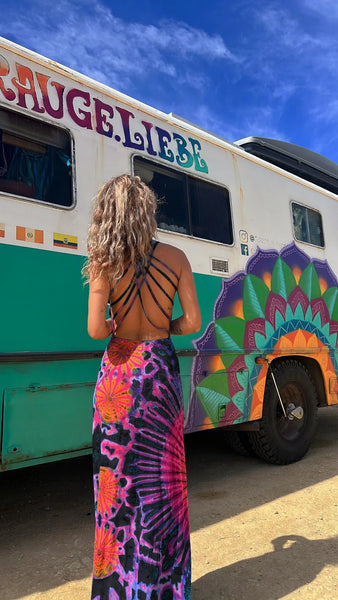 Sunburst Strappy Backless Soft Black Tie Dye Maxi for Women & Teens
