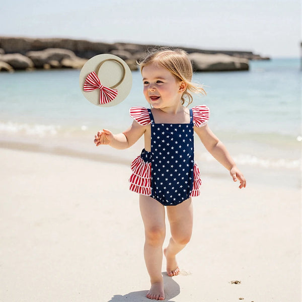 Stars, Stripes, & Ruffles Romper + Headband for Baby Girls