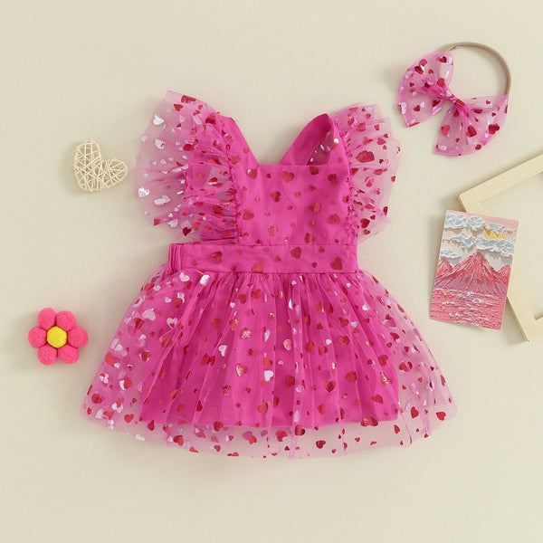 The Pretty in Pink Heart Flutter Sleeve Romper Dress