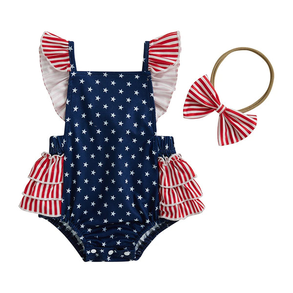 Stars, Stripes, & Ruffles Romper + Headband for Baby Girls