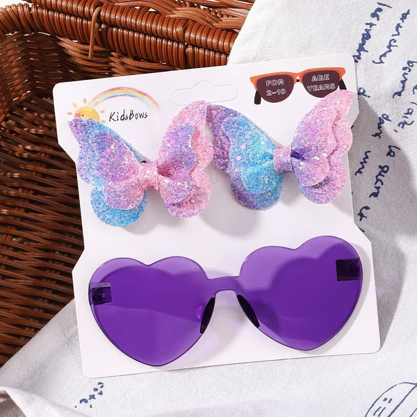 Evelyn Heart Shaped Sunglasses & Butterfly Clip Set for Little Girls