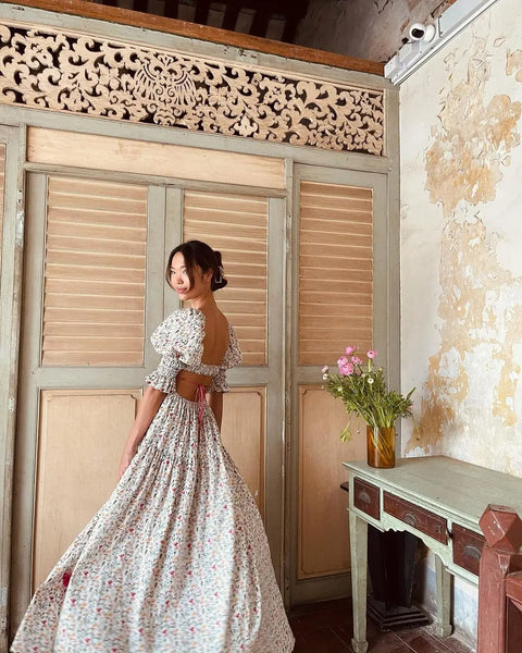 The Hannah Open-Back Puff Sleeve Floral Midi Dress for Women