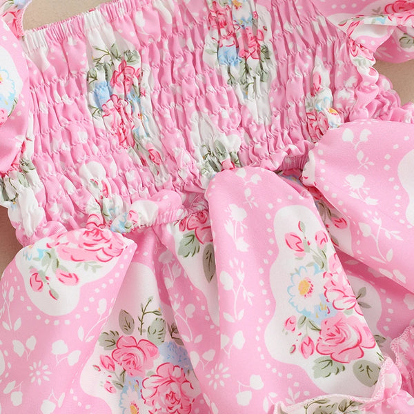 Tea Time Pink Princess Puff Sleeve Romper Dress for Baby Girls
