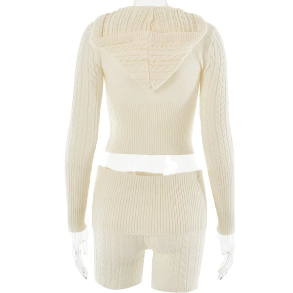 Chase Cable Knit Sweater Crop Hoody & Matching Shorts Lounge Set