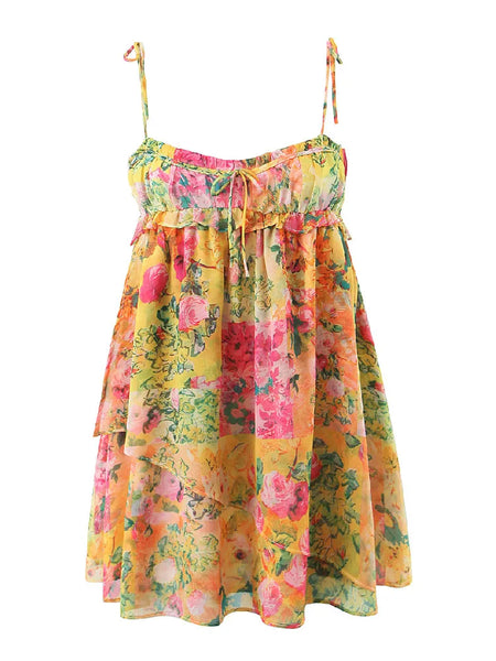 The Golden Yellow Boho Floral Tie Beach Mini Dress for Women