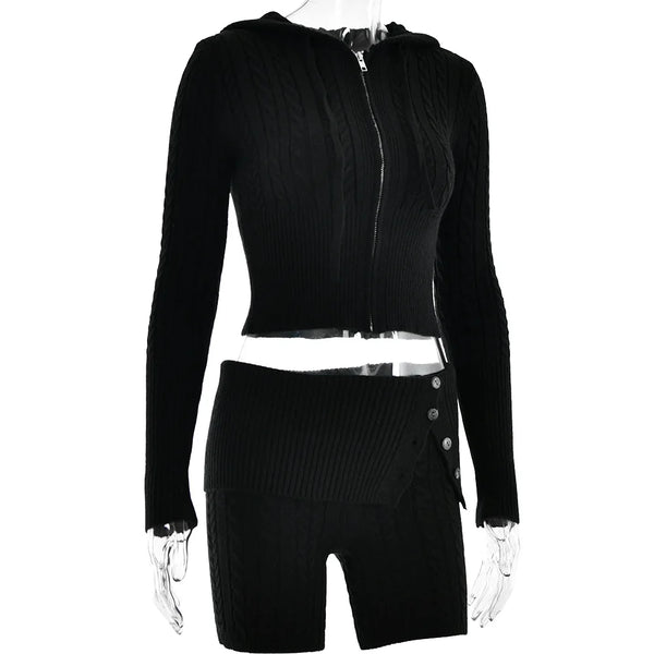 Chase Cable Knit Sweater Crop Hoody & Matching Shorts Lounge Set