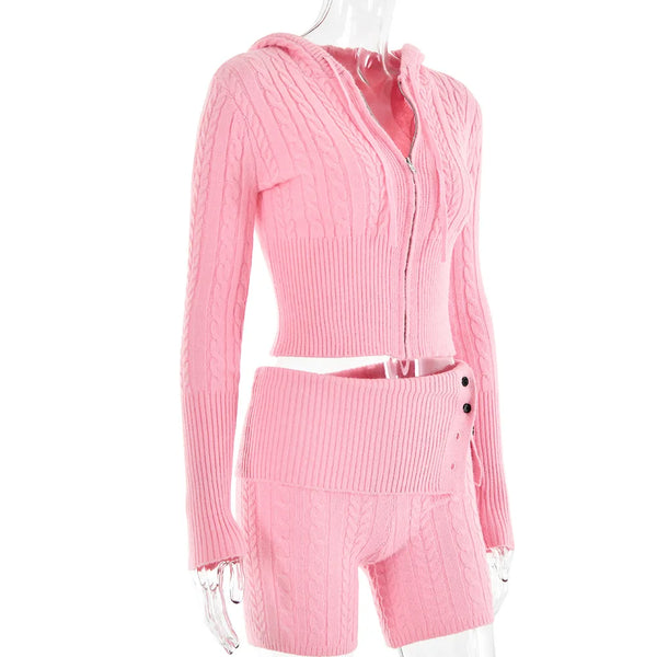 Chase Cable Knit Sweater Crop Hoody & Matching Shorts Lounge Set
