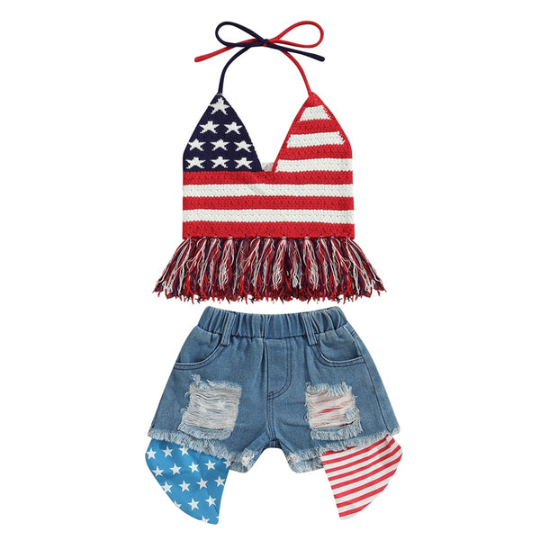 The Eden Little Girls' Crochet American flag tank and Denim Shorts Set