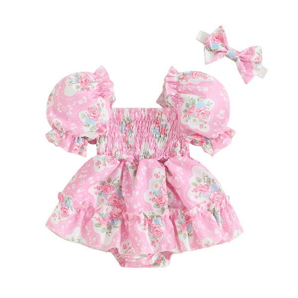 Tea Time Pink Princess Puff Sleeve Romper Dress for Baby Girls