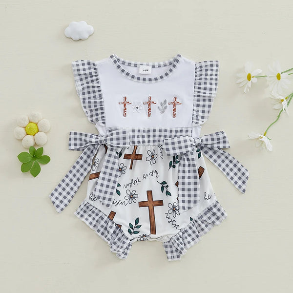 He Is Risen Black White Gingham Romper