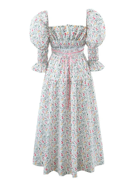 The Hannah Open-Back Puff Sleeve Floral Midi Dress for Women
