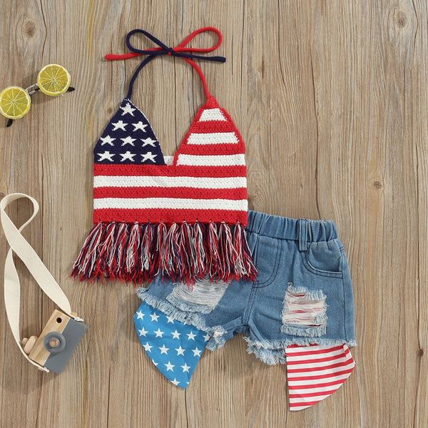 The Eden Little Girls' Crochet American flag tank and Denim Shorts Set