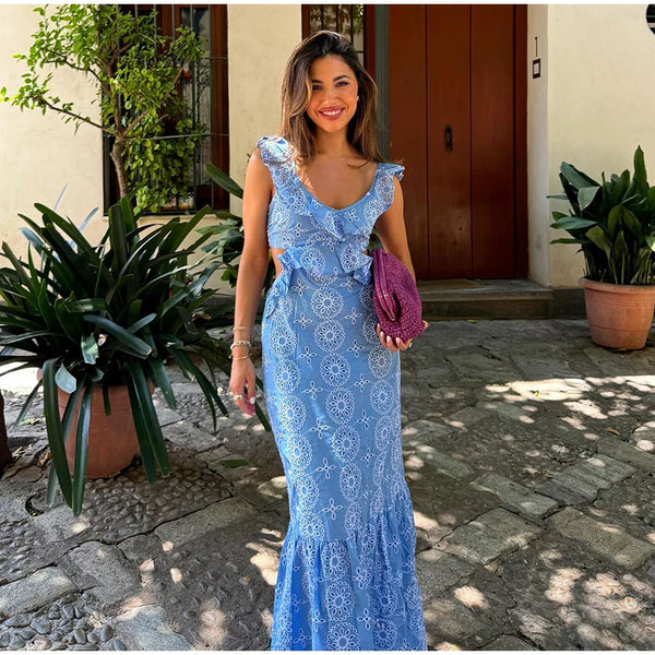Women's Boho Blue Side Cut-Out Ruffle Dress
