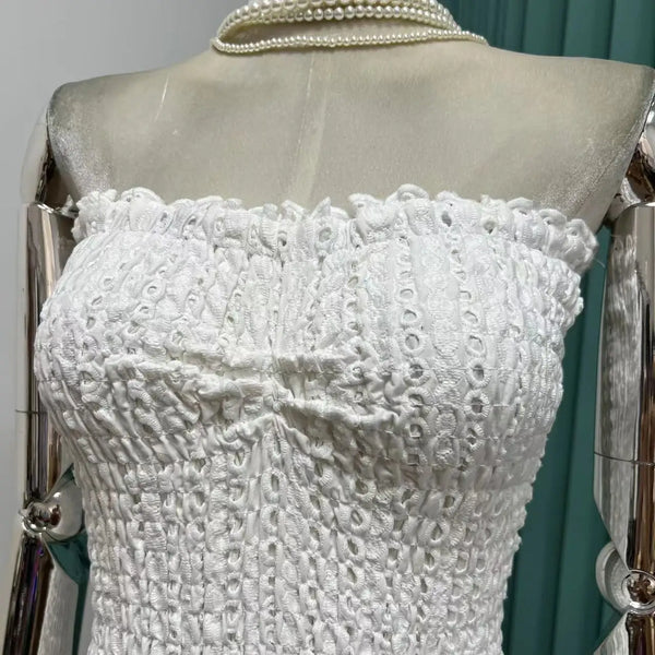 The Krystal Strapless Eyelet Ruffle Mini Dress for Women