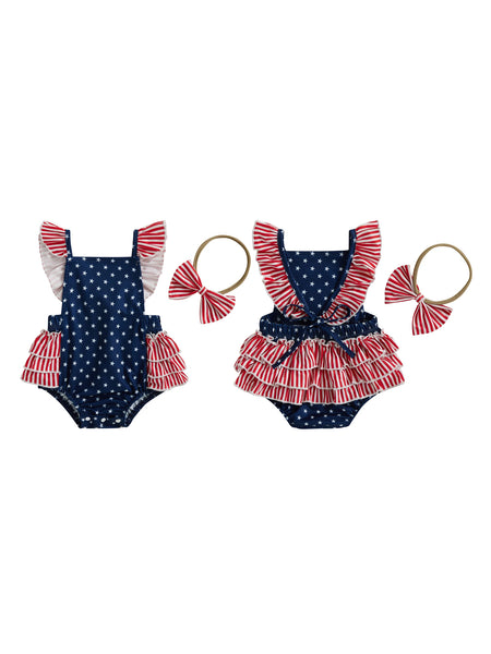 Stars, Stripes, & Ruffles Romper + Headband for Baby Girls