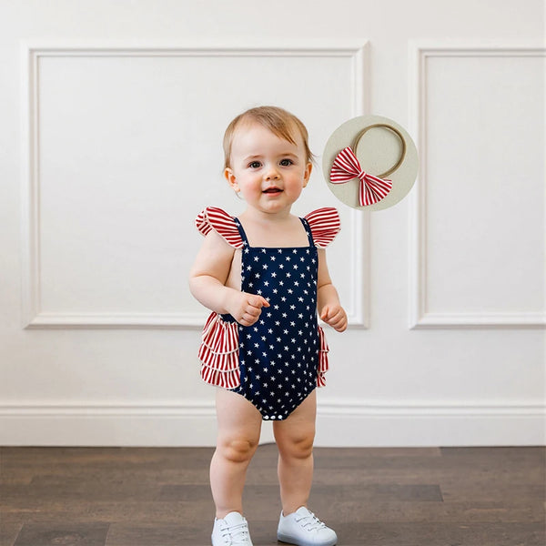 Stars, Stripes, & Ruffles Romper + Headband for Baby Girls