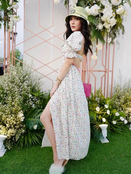 The Hannah Open-Back Puff Sleeve Floral Midi Dress for Women