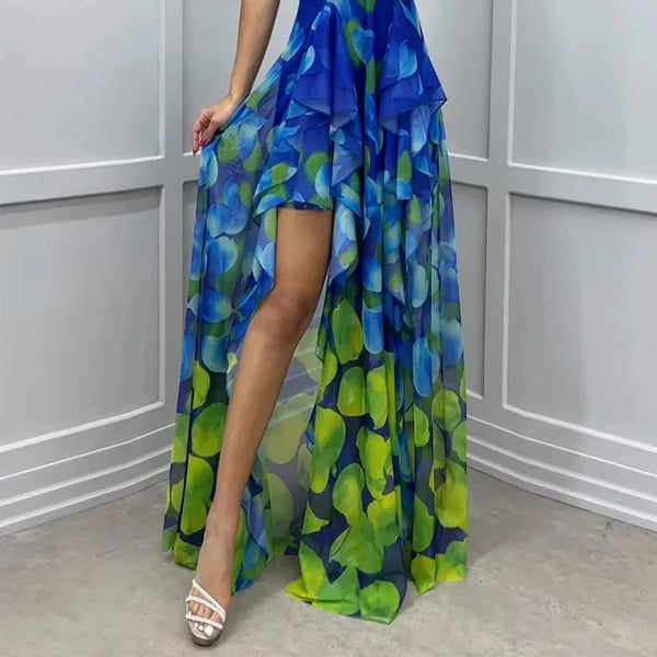 Pretty Petals Ruffle Tiered Dress with Thigh Slit for Women