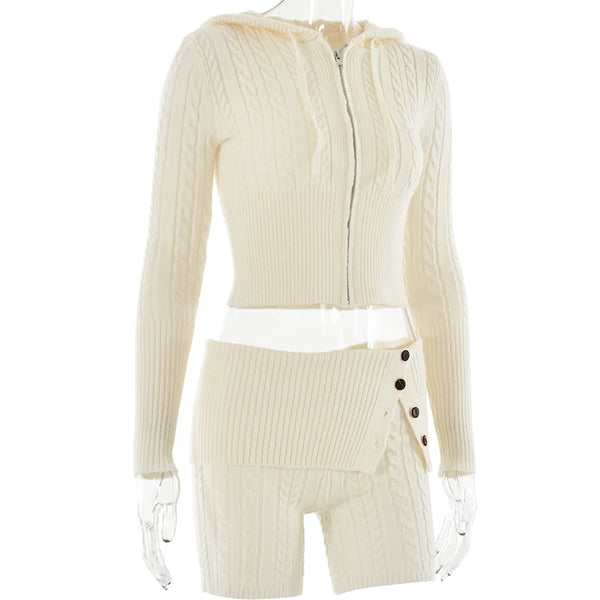 Chase Cable Knit Sweater Crop Hoody & Matching Shorts Lounge Set