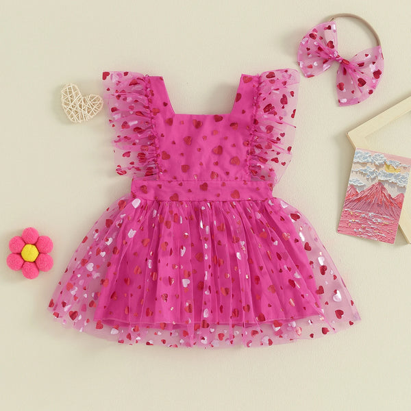 The Pretty in Pink Heart Flutter Sleeve Romper Dress
