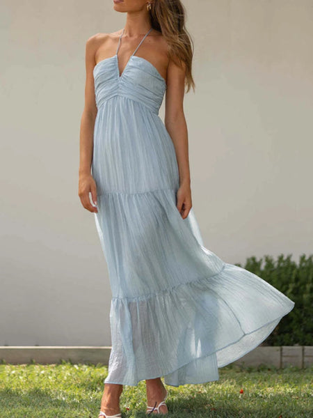The Eden Chiffon Halter V-Neck Flowy A-Line Maxi Dress