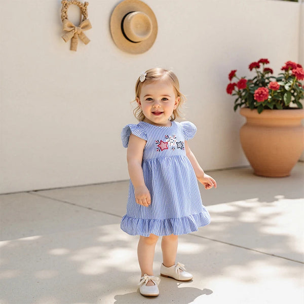 Flutter-sleeve Seersucker Liberty Dress for Little Girls