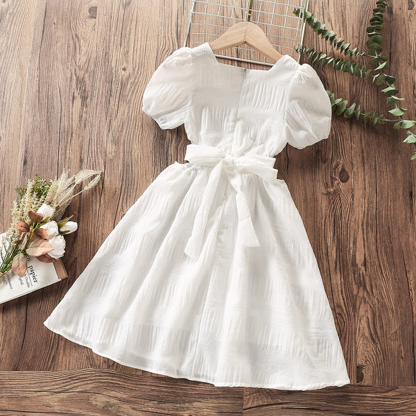 The Avren White Puff-Sleeve Cut-Out Dress for Girls