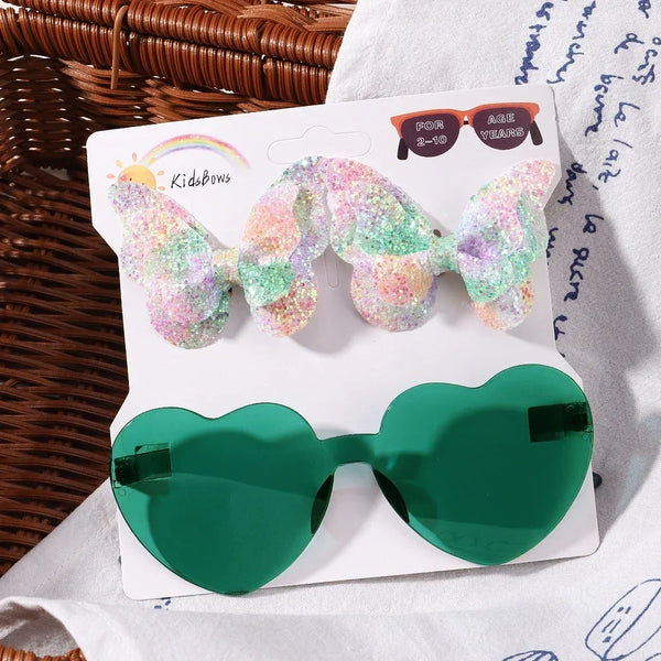 Evelyn Heart Shaped Sunglasses & Butterfly Clip Set for Little Girls
