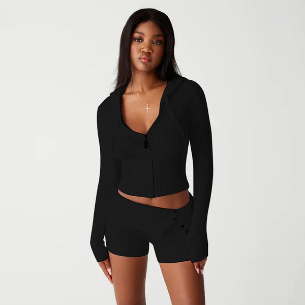 Chase Cable Knit Sweater Crop Hoody & Matching Shorts Lounge Set