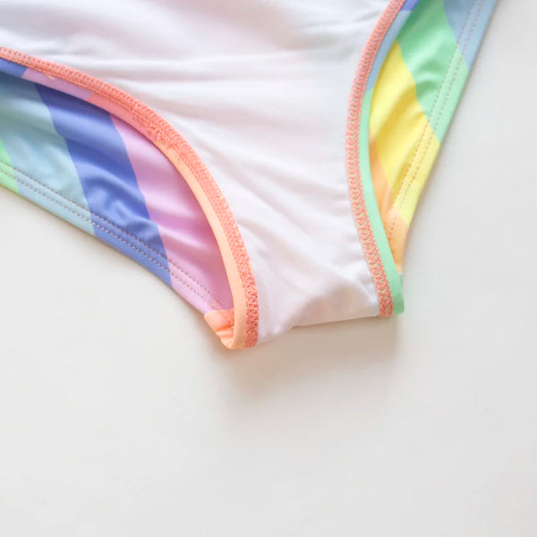 The Puff-Sleeve Rainbow Stripe One-Piece for Girls
