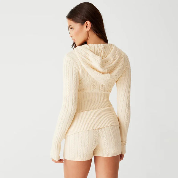 Chase Cable Knit Sweater Crop Hoody & Matching Shorts Lounge Set