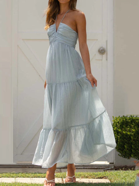 The Eden Chiffon Halter V-Neck Flowy A-Line Maxi Dress
