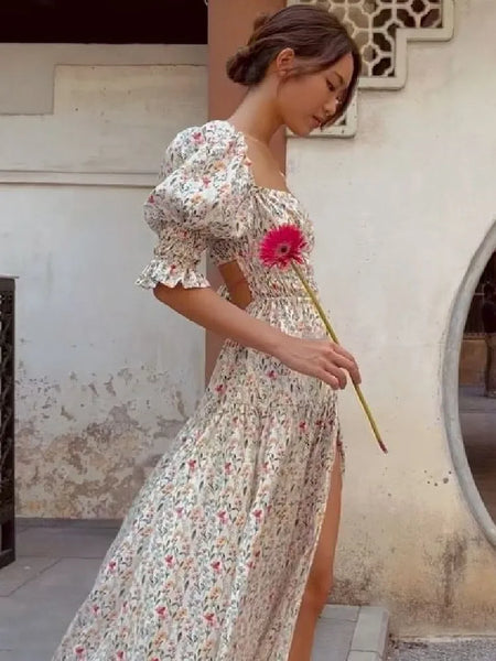 The Hannah Open-Back Puff Sleeve Floral Midi Dress for Women