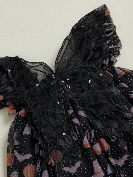 Halloween Butterfly Sparkly Black Tulle Dress with Sparkly Black Wings for Baby Girls
