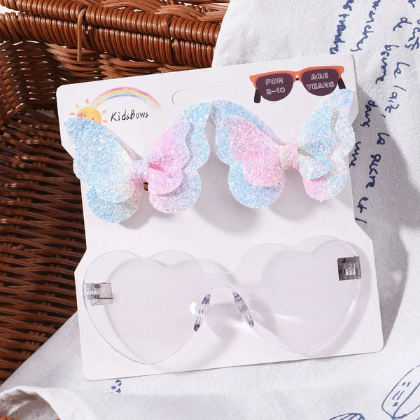Evelyn Heart Shaped Sunglasses & Butterfly Clip Set for Little Girls
