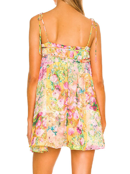 The Golden Yellow Boho Floral Tie Beach Mini Dress for Women