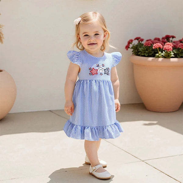 Flutter-sleeve Seersucker Liberty Dress for Little Girls