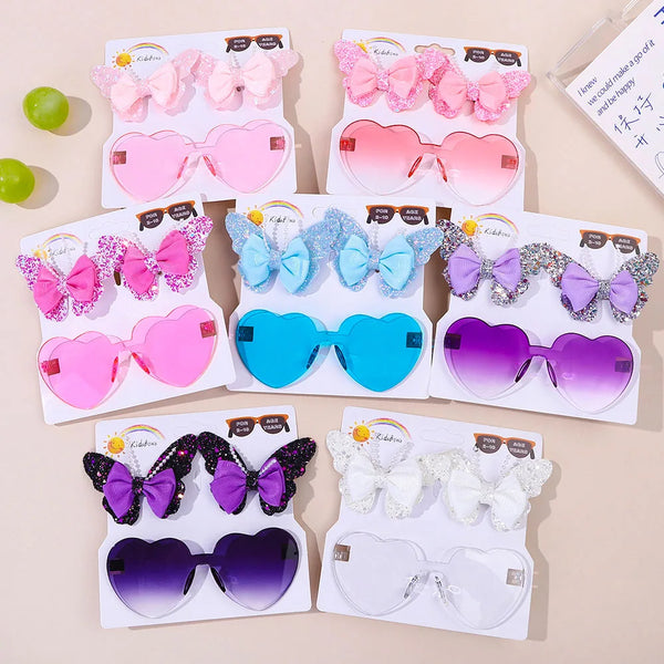 Evelyn Heart Shaped Sunglasses & Butterfly Clip Set for Little Girls