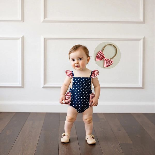 Stars, Stripes, & Ruffles Romper + Headband for Baby Girls