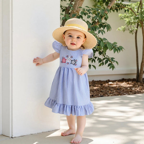Flutter-sleeve Seersucker Liberty Dress for Little Girls