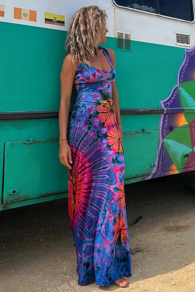 Sunburst Strappy Backless Soft Black Tie Dye Maxi for Women & Teens