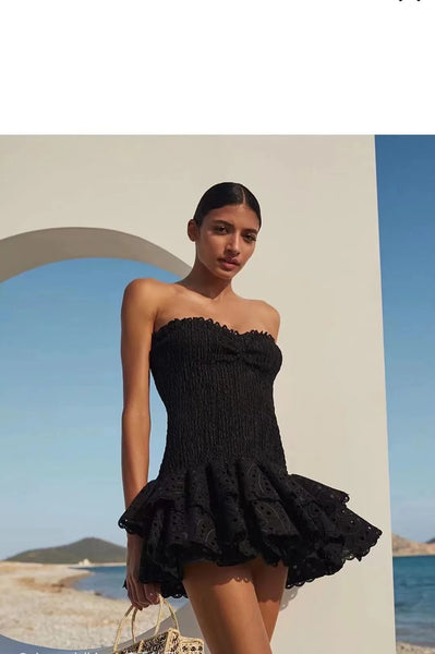 The Krystal Strapless Eyelet Ruffle Mini Dress for Women