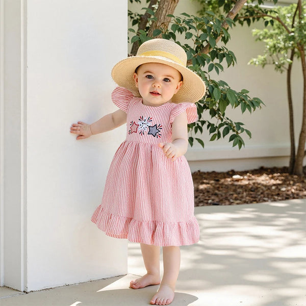 Flutter-sleeve Seersucker Liberty Dress for Little Girls