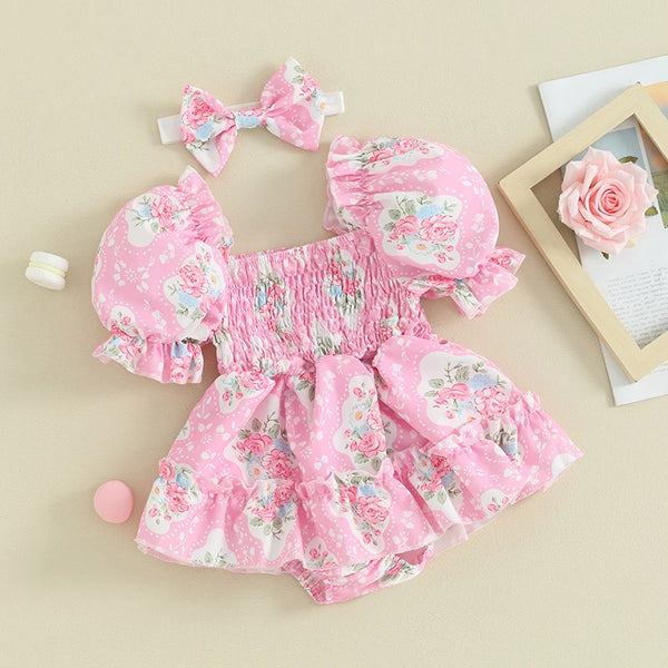 Tea Time Pink Princess Puff Sleeve Romper Dress for Baby Girls