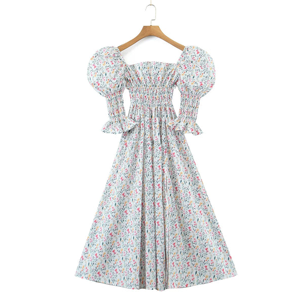 The Hannah Open-Back Puff Sleeve Floral Midi Dress for Women