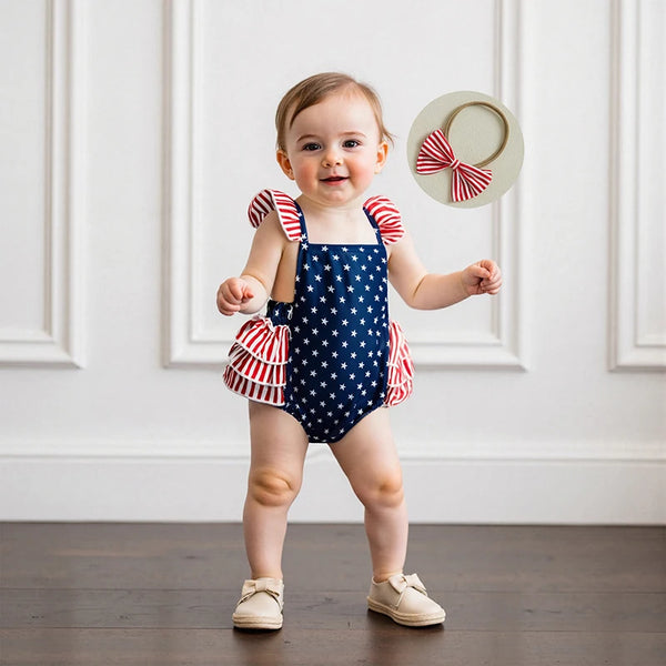 Stars, Stripes, & Ruffles Romper + Headband for Baby Girls