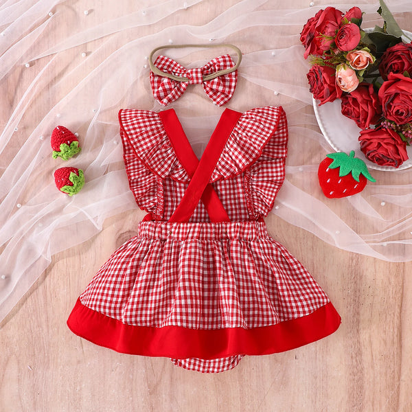 Izzy Cute Fruit Red Gingham Romper Dress for Baby Girls